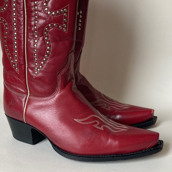 Vintage Frye Daisy Duke Studded Red Cowboy Leather Boots  Sz 9 - Picture 5 of 16